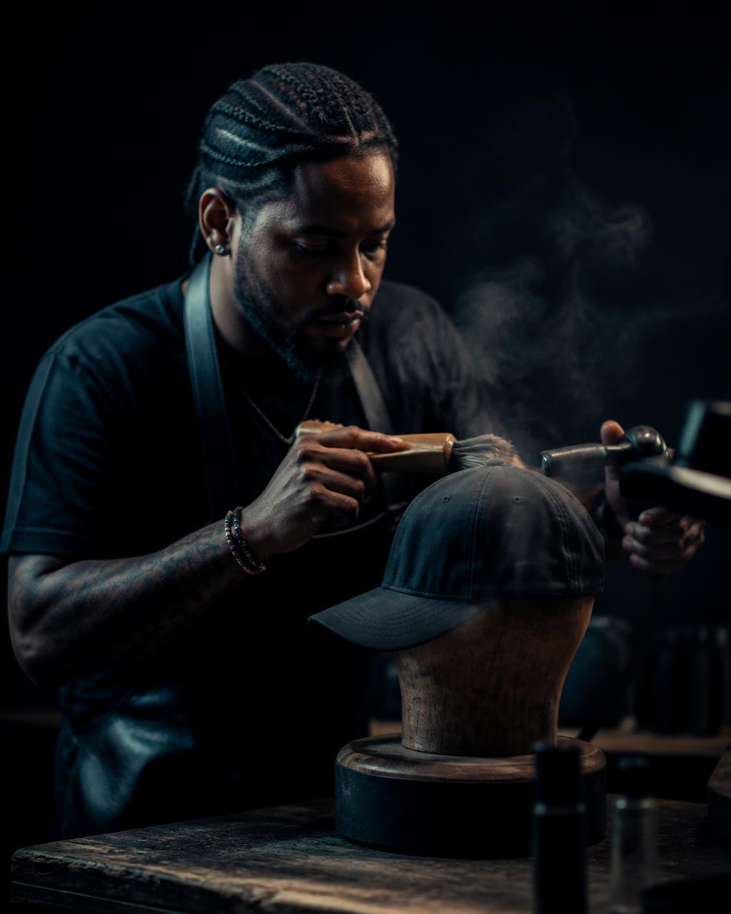 Ashton “Steel” Usher hand-restoring a cap in the Brim Revival Belize workshop